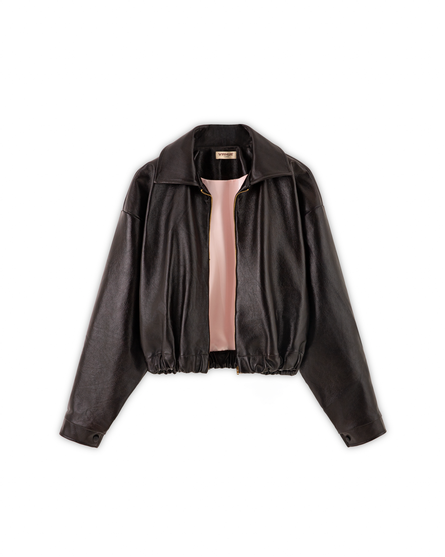 “Dark Chocolate” leather bomber jacket